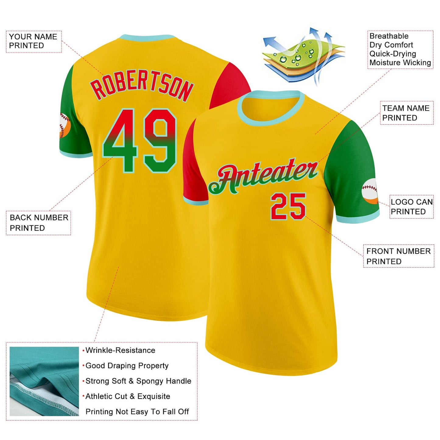 Custom Yellow Fire Red Grass Green-Ice Blue Gradient Two Tone Performance T-Shirt view 2
