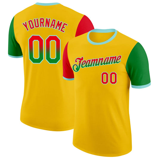 Custom Yellow Fire Red Grass Green-Ice Blue Gradient Two Tone Performance T-Shirt - Main View