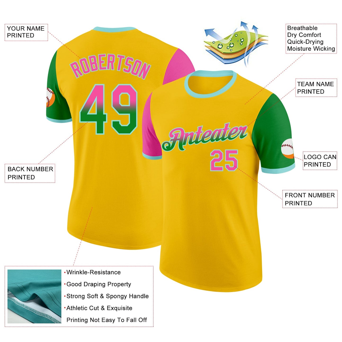 Custom Yellow Pink Grass Green-Ice Blue Gradient Two Tone Performance T-Shirt view 2