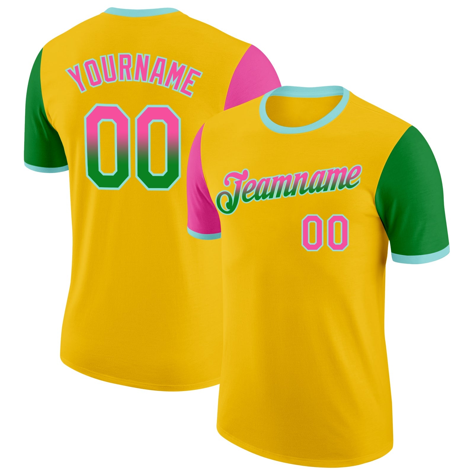 Custom Yellow Pink Grass Green-Ice Blue Gradient Two Tone Performance T-Shirt - Main View