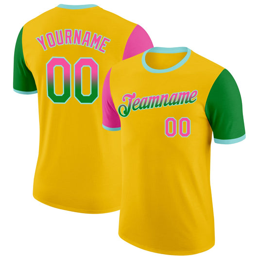 Custom Yellow Pink Grass Green-Ice Blue Gradient Two Tone Performance T-Shirt - Main View