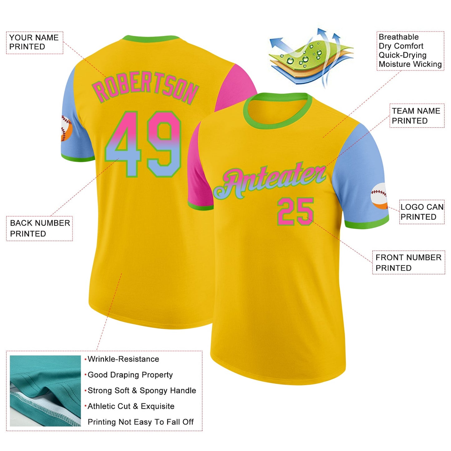 Custom Yellow Pink Light Blue-Aurora Green Gradient Two Tone Performance T-Shirt view 2