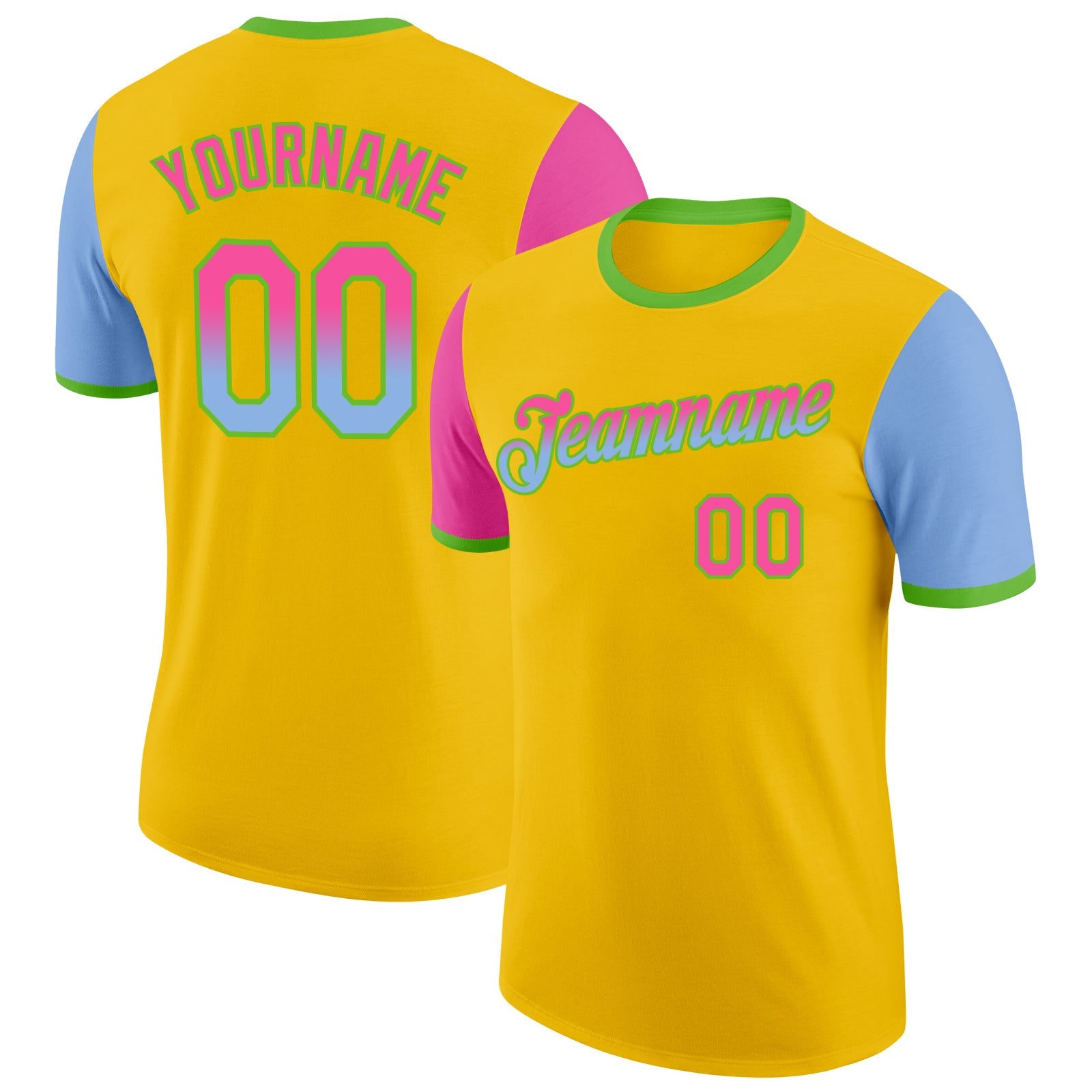 Custom Yellow Pink Light Blue-Aurora Green Gradient Two Tone Performance T-Shirt - Main View