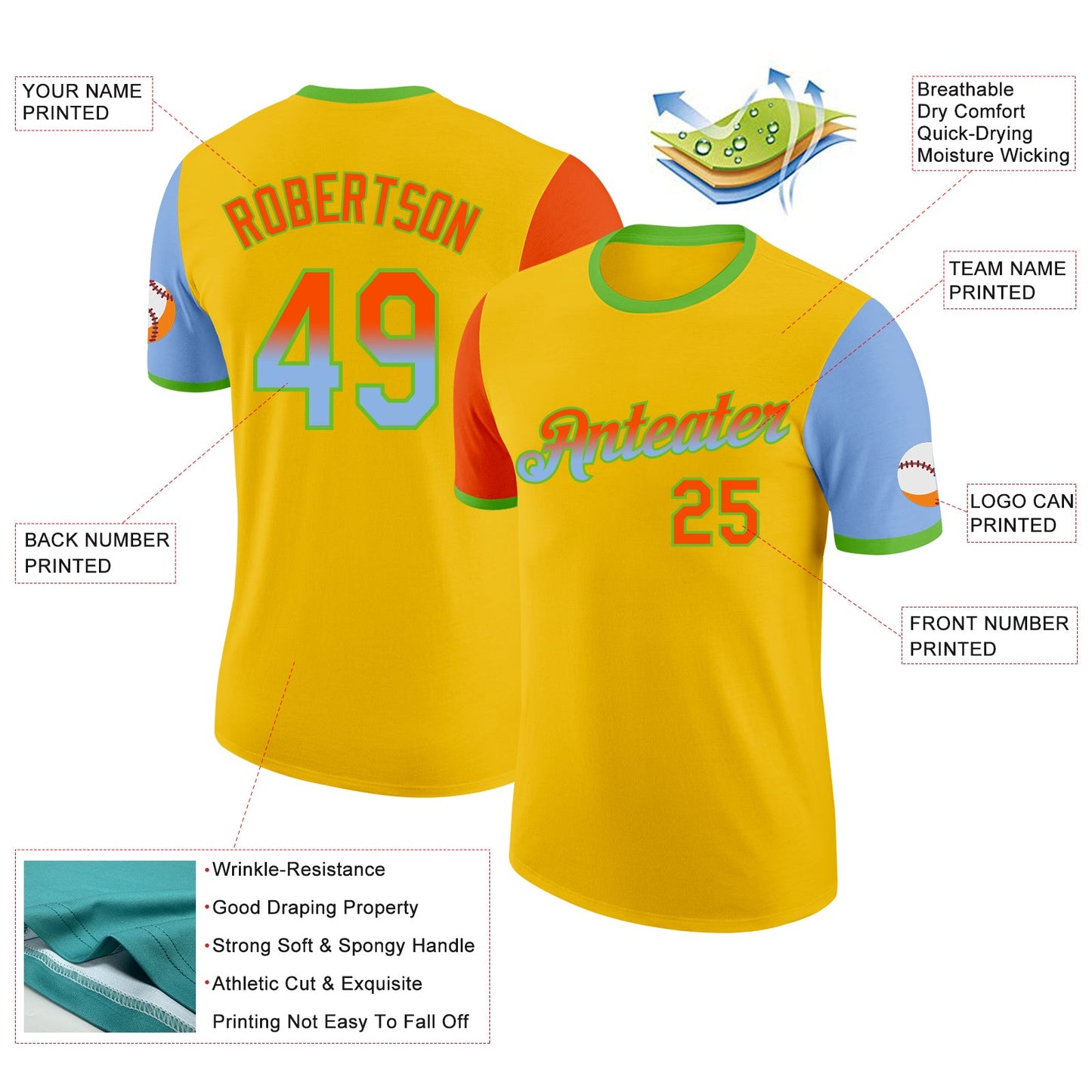 Custom Yellow Orange Light Blue-Aurora Green Gradient Two Tone Performance T-Shirt view 2