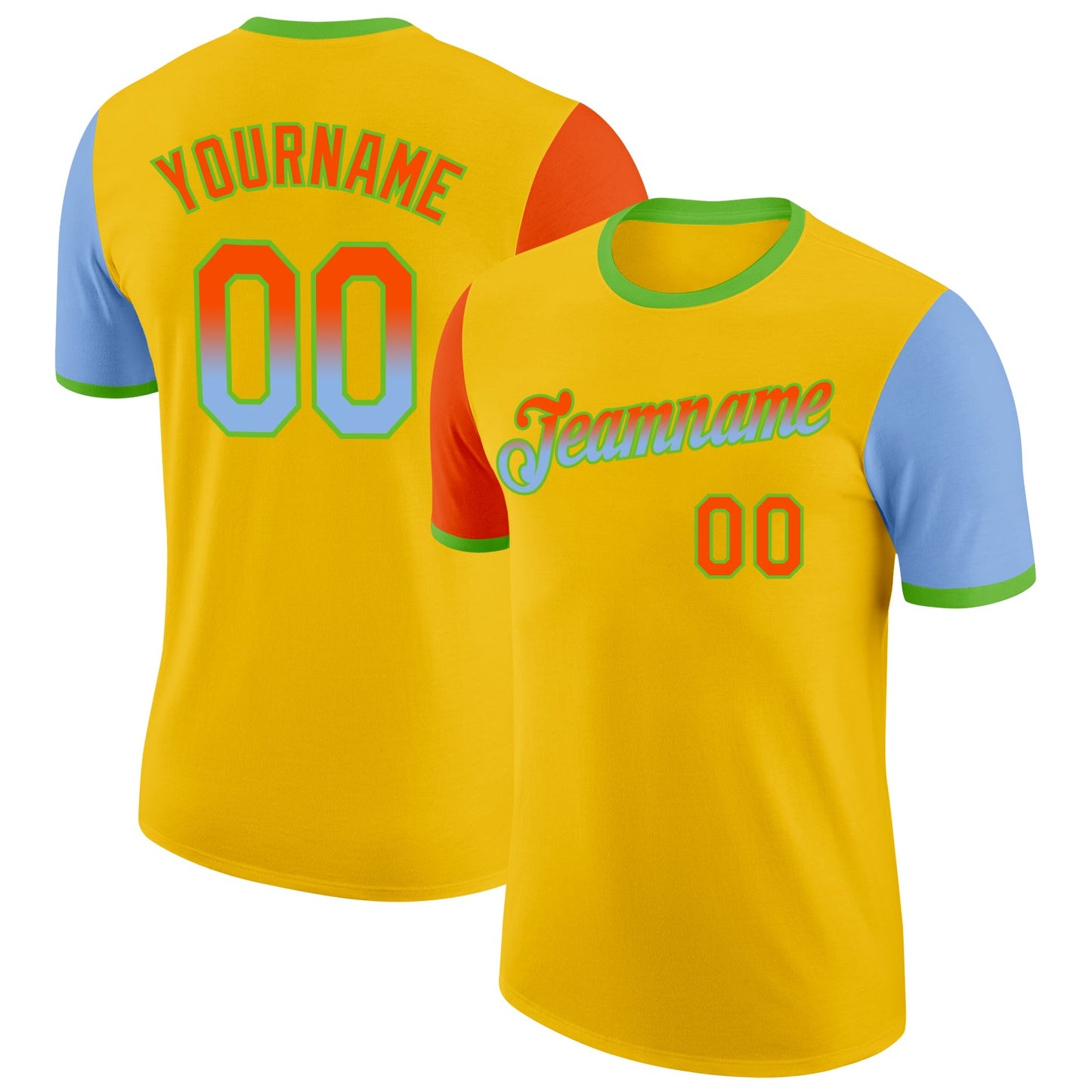 Custom Yellow Orange Light Blue-Aurora Green Gradient Two Tone Performance T-Shirt - Main View