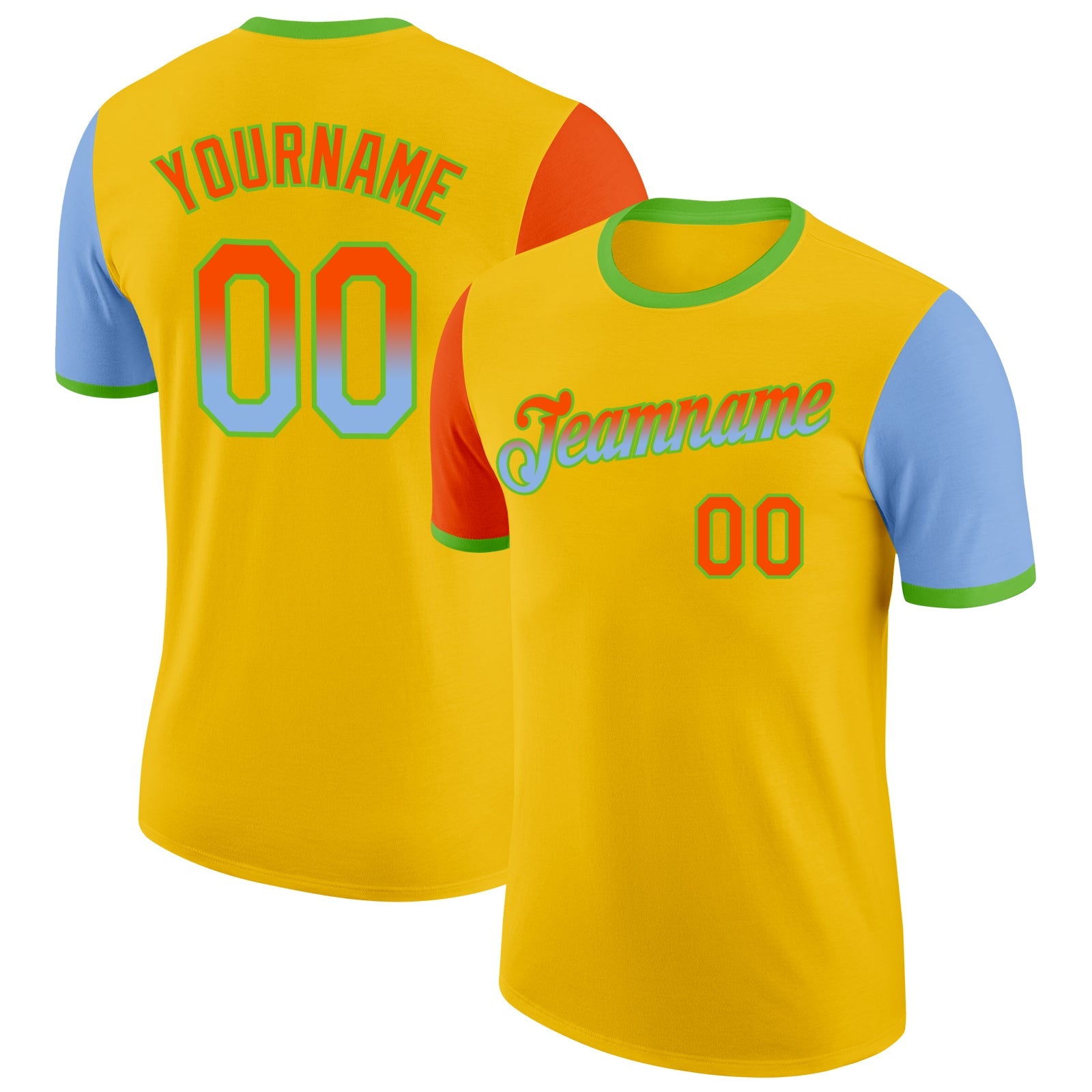 Custom Yellow Orange Light Blue-Aurora Green Gradient Two Tone Performance T-Shirt - Main View