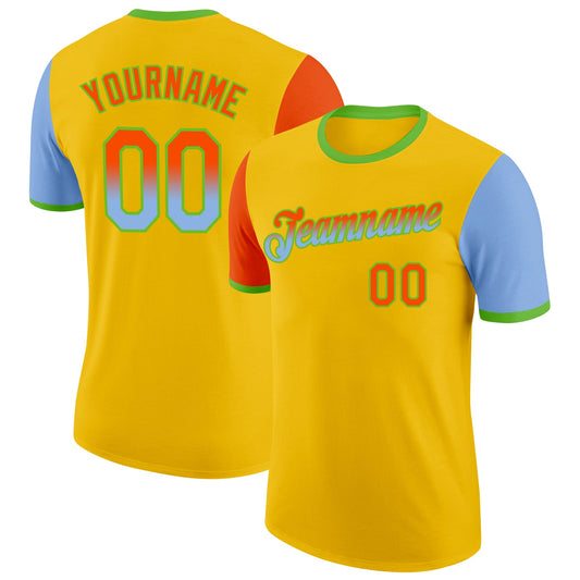 Custom Yellow Orange Light Blue-Aurora Green Gradient Two Tone Performance T-Shirt - Main View