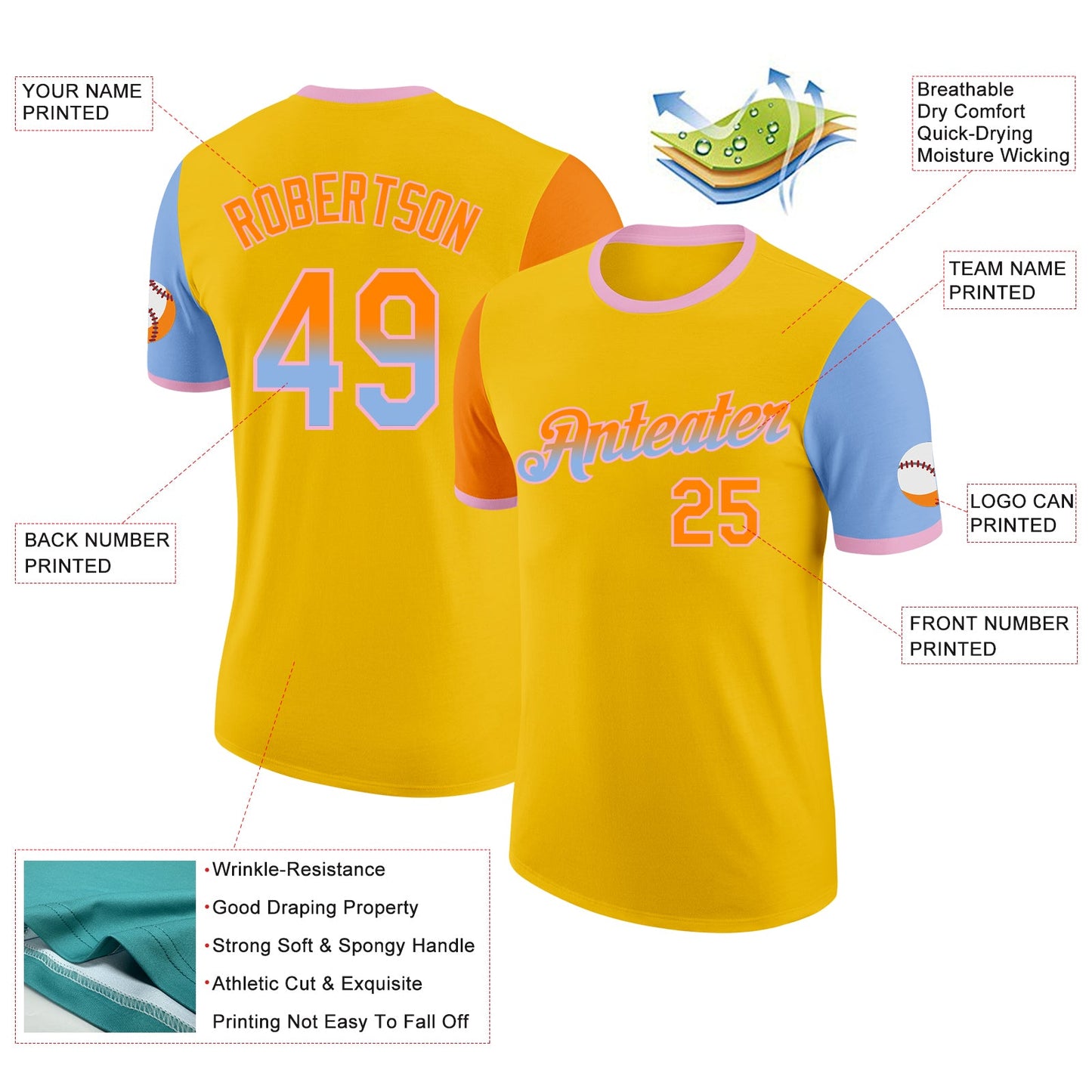 Custom Yellow Bay Orange Light Blue-Light Pink Gradient Two Tone Performance T-Shirt view 2