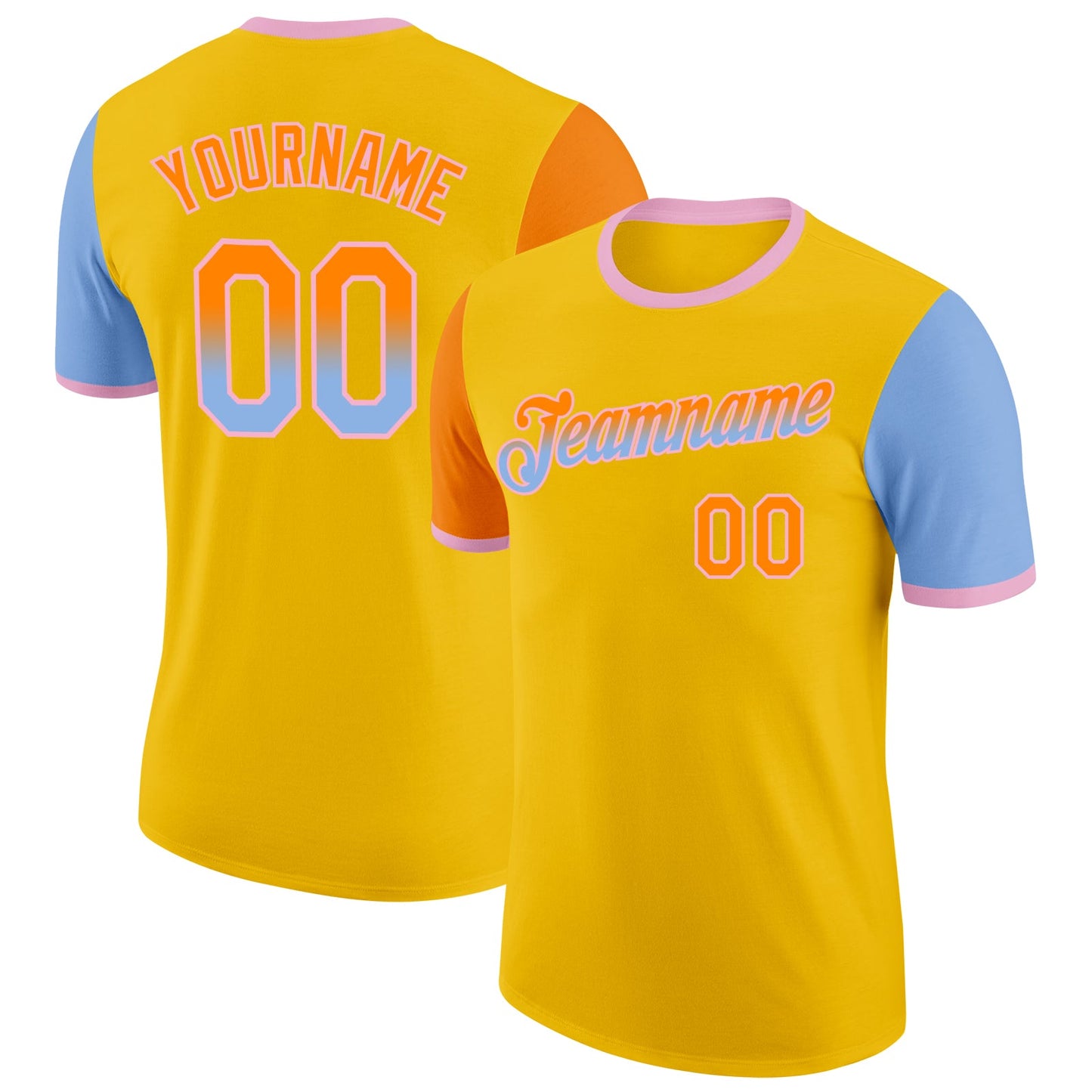 Custom Yellow Bay Orange Light Blue-Light Pink Gradient Two Tone Performance T-Shirt - Main View