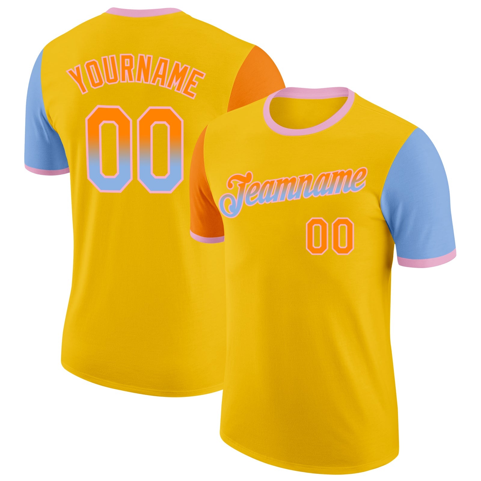 Custom Yellow Bay Orange Light Blue-Light Pink Gradient Two Tone Performance T-Shirt - Main View