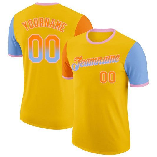 Custom Yellow Bay Orange Light Blue-Light Pink Gradient Two Tone Performance T-Shirt - Main View