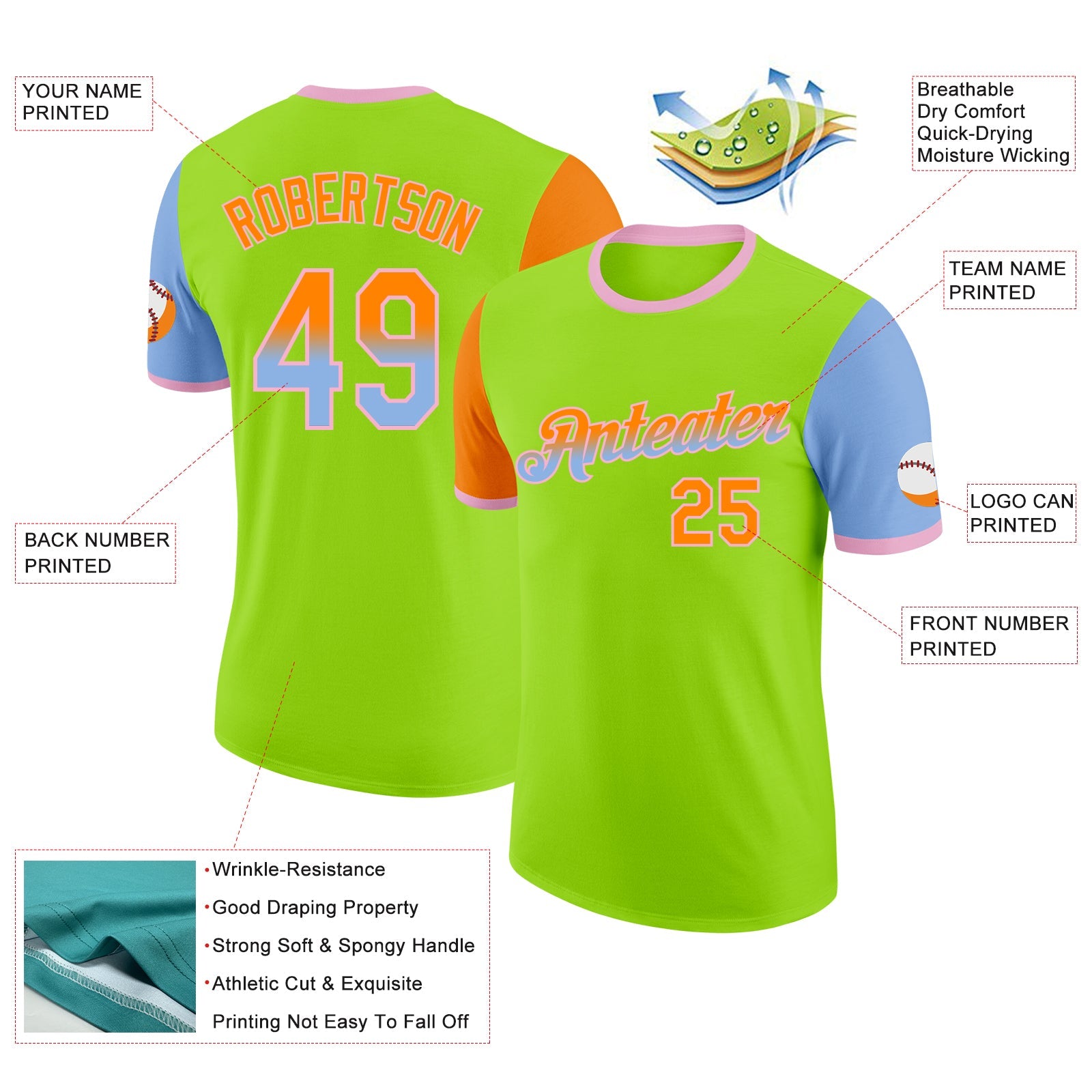 Custom Neon Green Bay Orange Light Blue-Light Pink Gradient Two Tone Performance T-Shirt view 2