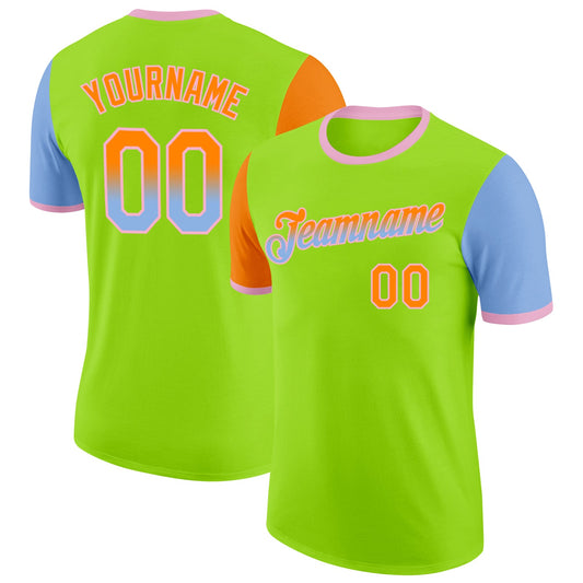 Custom Neon Green Bay Orange Light Blue-Light Pink Gradient Two Tone Performance T-Shirt - Main View
