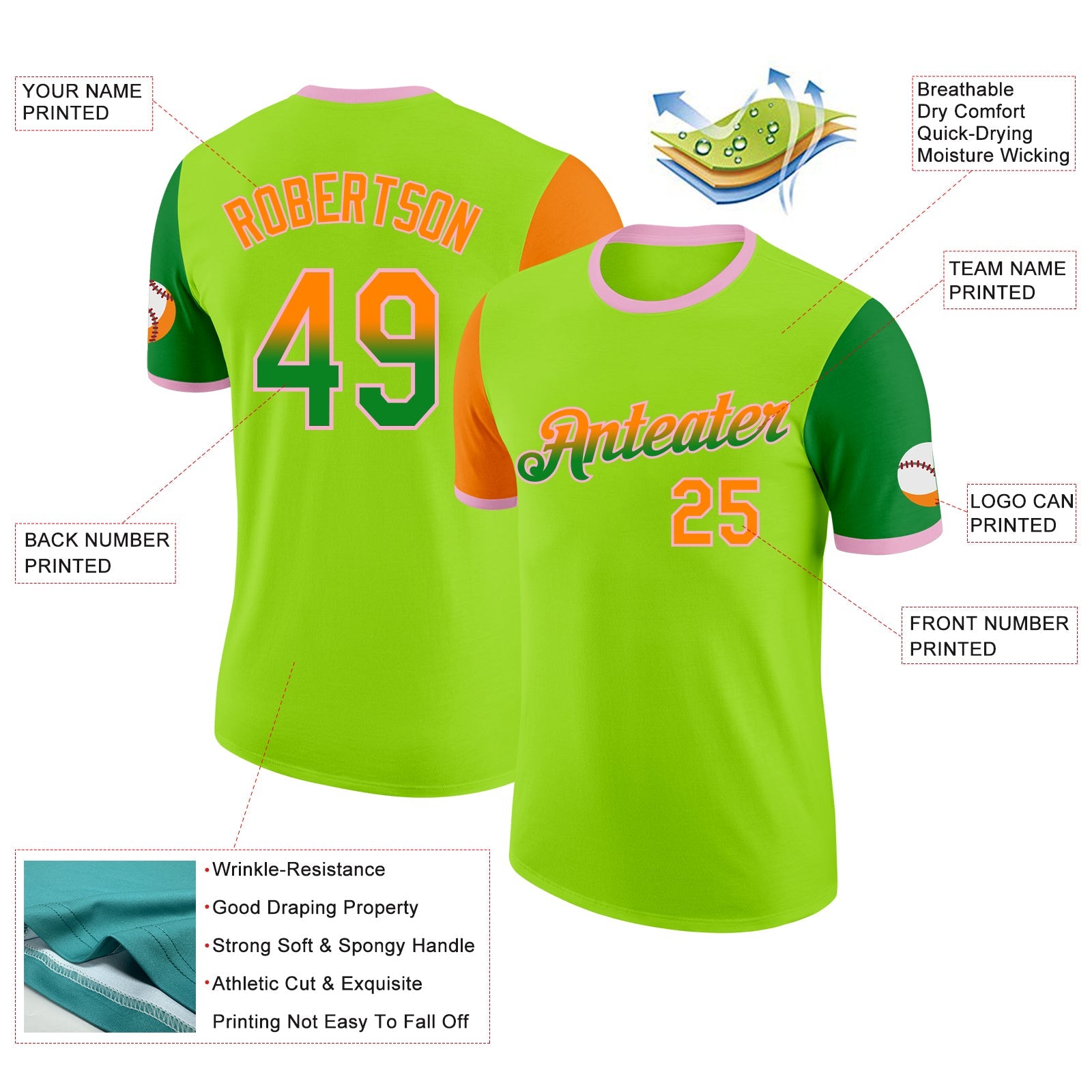 Custom Neon Green Bay Orange Grass Green-Light Pink Gradient Two Tone Performance T-Shirt view 2
