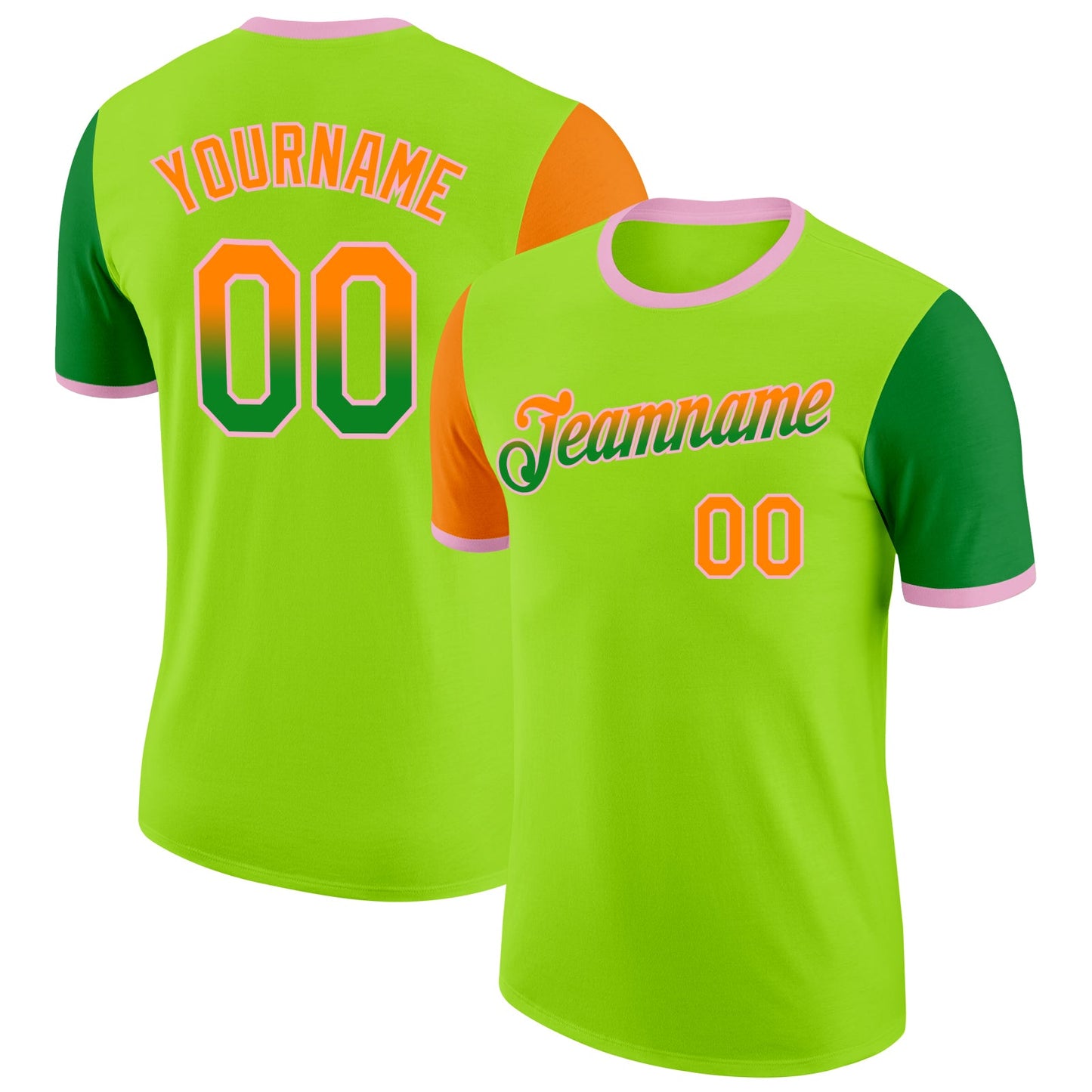Custom Neon Green Bay Orange Grass Green-Light Pink Gradient Two Tone Performance T-Shirt - Main View