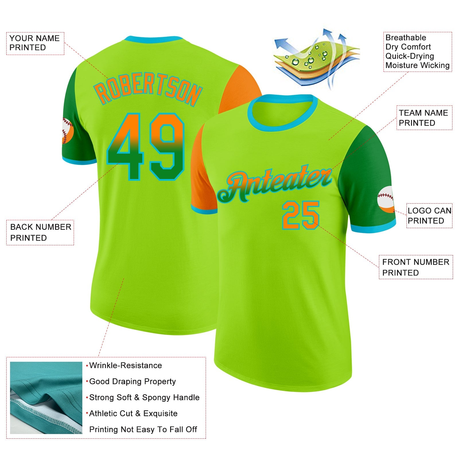 Custom Neon Green Bay Orange Grass Green-Lakes Blue Gradient Two Tone Performance T-Shirt view 2