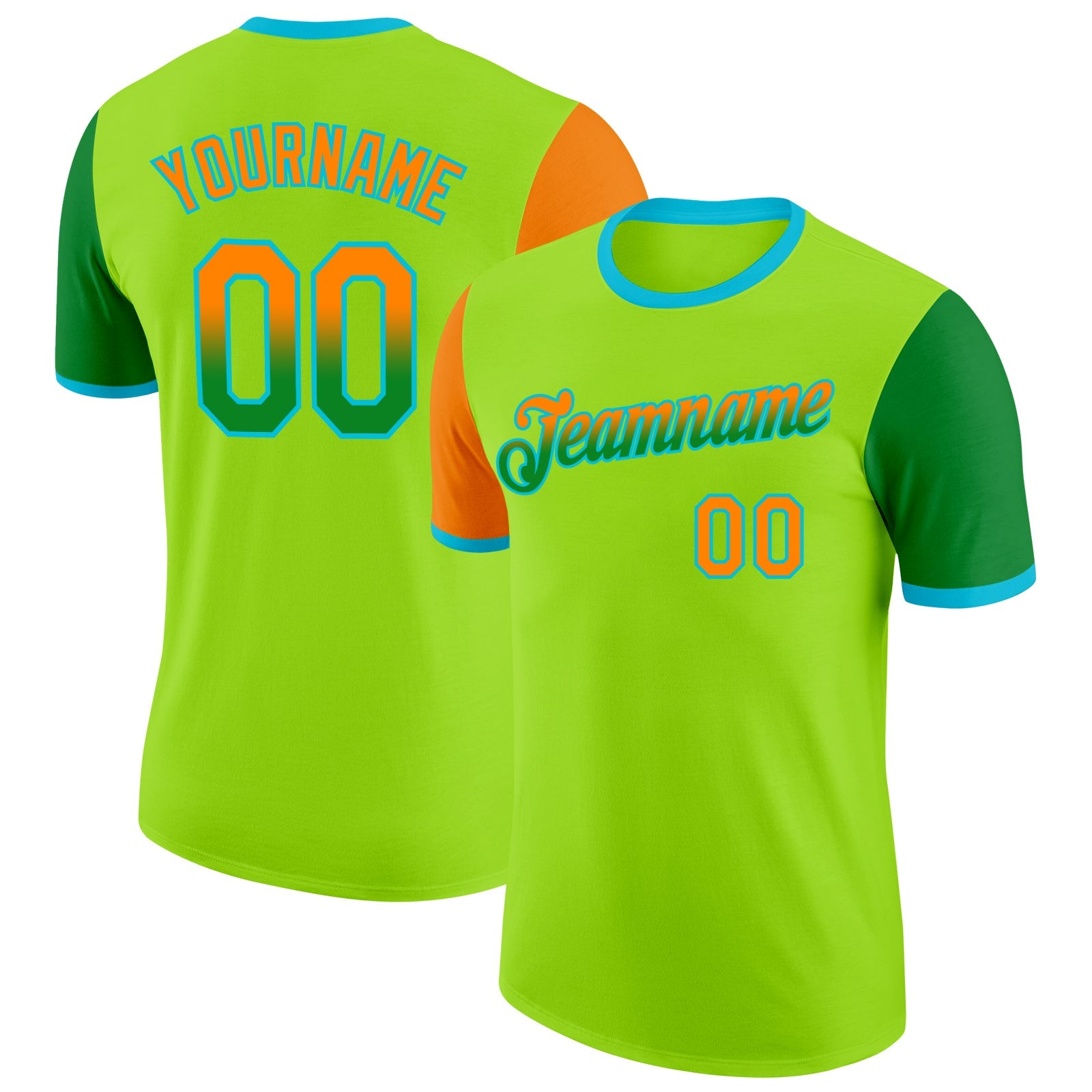 Custom Neon Green Bay Orange Grass Green-Lakes Blue Gradient Two Tone Performance T-Shirt - Main View