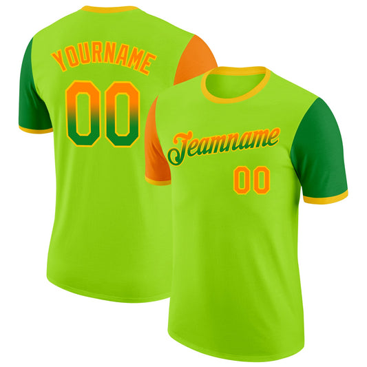 Custom Neon Green Bay Orange Grass Green-Yellow Gradient Two Tone Performance T-Shirt - Main View