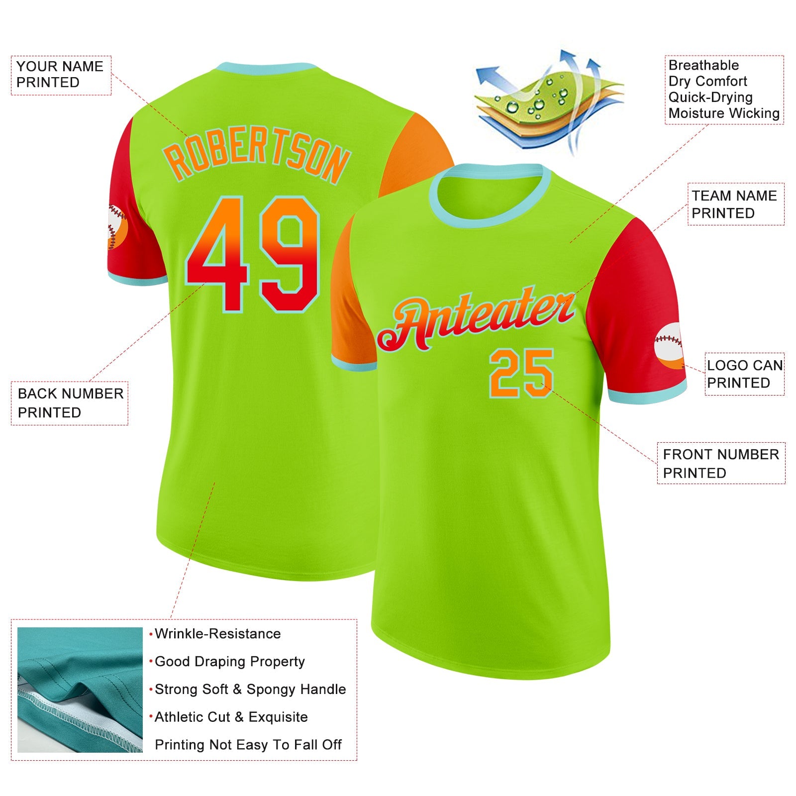 Custom Neon Green Bay Orange Fire Red-Ice Blue Gradient Two Tone Performance T-Shirt view 2