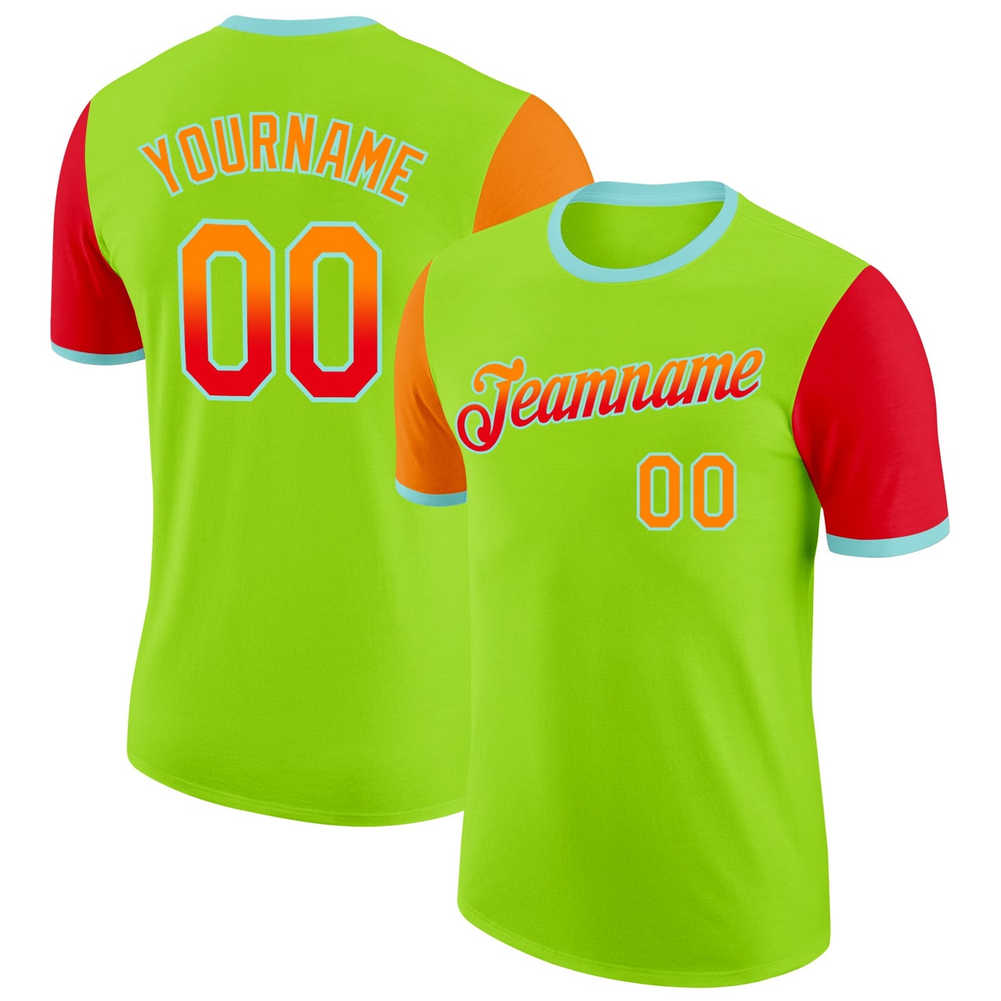 Custom Neon Green Bay Orange Fire Red-Ice Blue Gradient Two Tone Performance T-Shirt - Main View