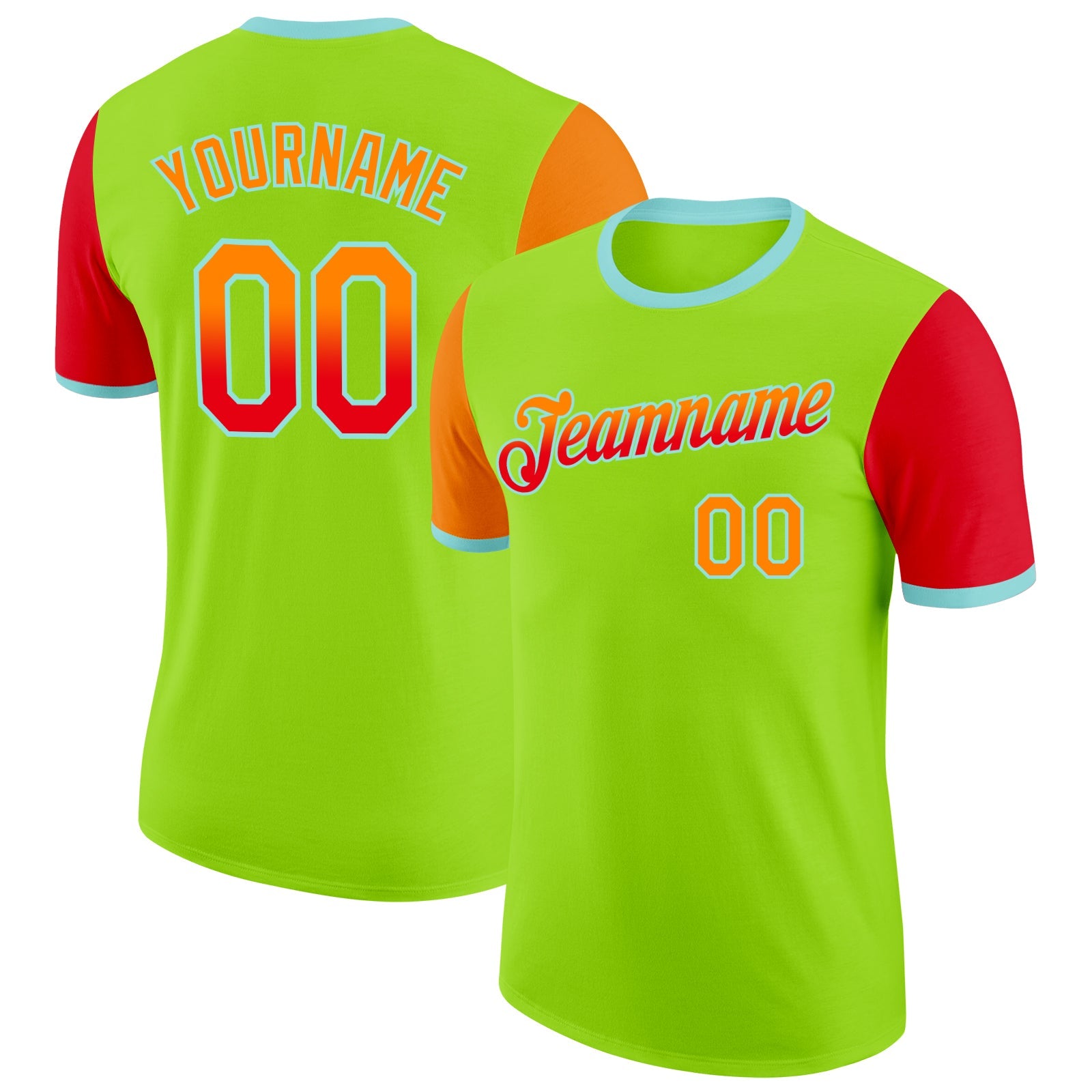 Custom Neon Green Bay Orange Fire Red-Ice Blue Gradient Two Tone Performance T-Shirt - Main View