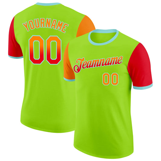Custom Neon Green Bay Orange Fire Red-Ice Blue Gradient Two Tone Performance T-Shirt - Main View