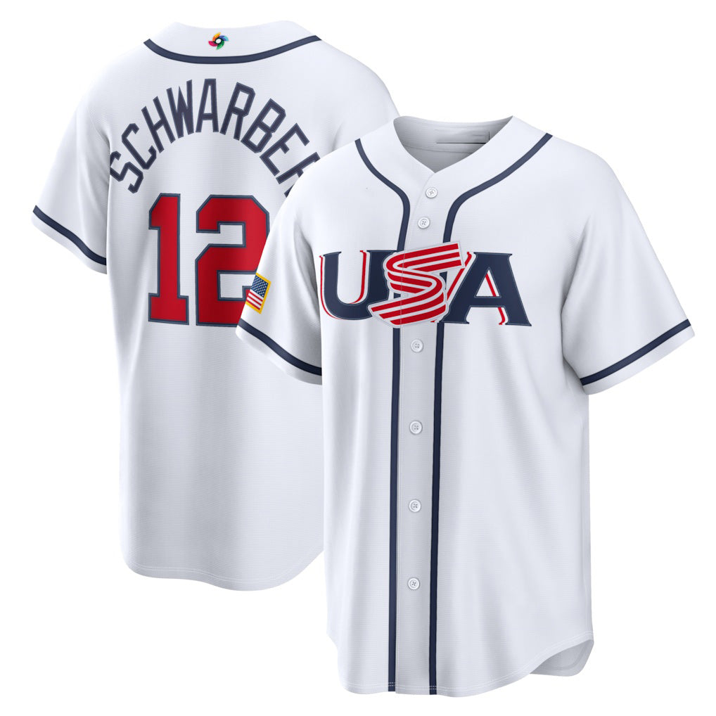 USA Baseball #12 Kyle Schwarber 2026 World Baseball Classic Home Stadium Jersey - White Baseball Jersey Tailgate Goods - Main View