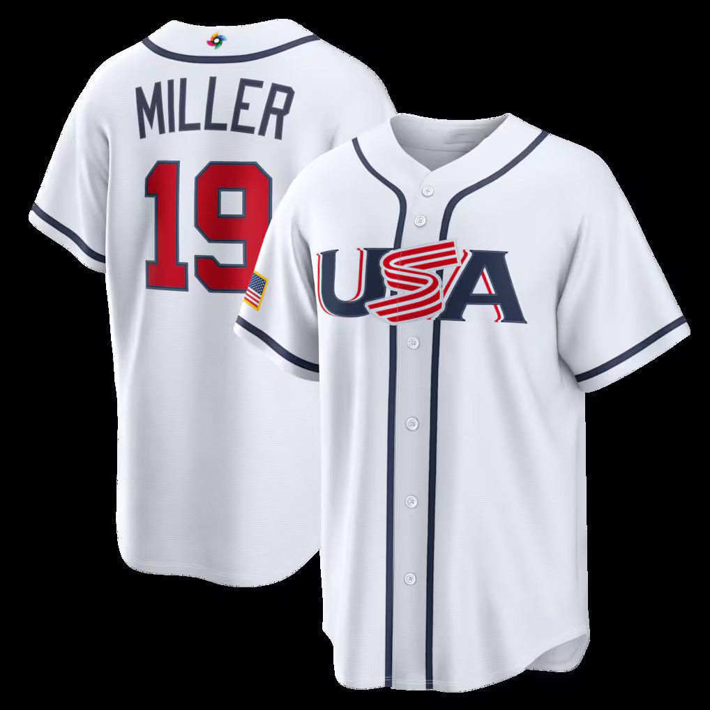 USA Baseball #19 Mason Miller 2026 World Baseball Classic Home Stadium Jersey - White Baseball Jersey Tailgate Goods - Main View