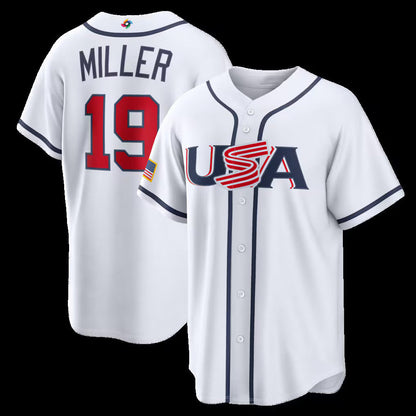 USA Baseball #19 Mason Miller 2026 World Baseball Classic Home Stadium Jersey - White Baseball Jersey Tailgate Goods - Main View