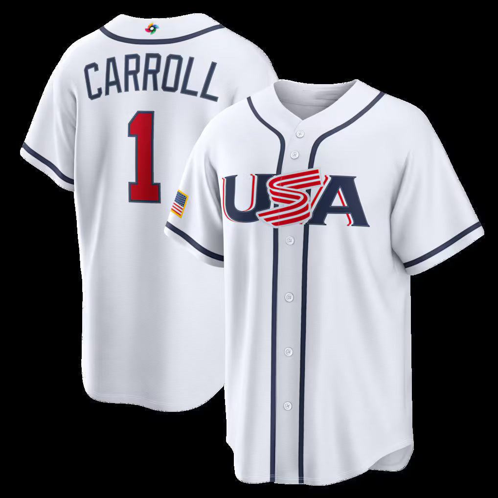 USA Baseball #1 Corbin Carroll 2026 World Baseball Classic Home Stadium Jersey - White Baseball Jersey Tailgate Goods - Main View