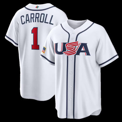 USA Baseball #1 Corbin Carroll 2026 World Baseball Classic Home Stadium Jersey - White Baseball Jersey Tailgate Goods - Main View