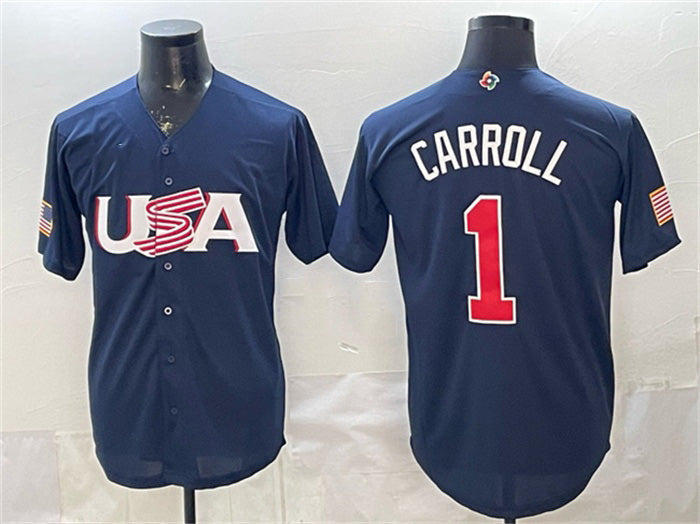 USA Baseball #1 Corbin Carroll Navy World Baseball Classic Stitched Baseball Jersey - Main View