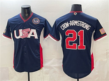 USA Baseball #21 Crow-Armstrong Navy 2026 World Baseball Classic United States 250th Anniversary Patch Road Stadium Stitched Baseball Jersey - Main View