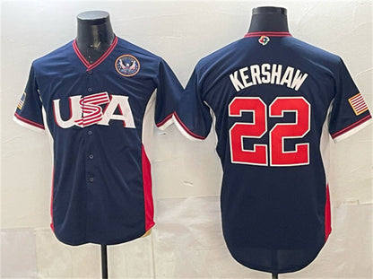 USA Baseball #22 Clayton Kershaw Navy 2026 World Baseball Classic United States 250th Anniversary Patch Road Stadium Stitched Baseball Jersey - Main View
