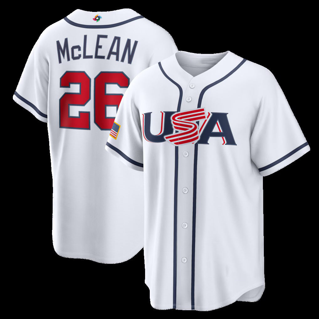 USA Baseball #26 Nolan McLean 2026 World Baseball Classic Home Stadium Jersey - White Baseball Jersey Tailgate Goods - Main View