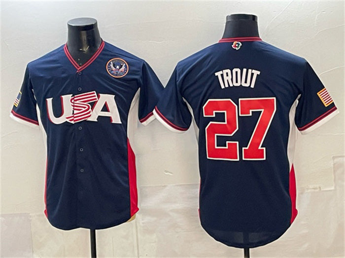 USA Baseball #27 Mike Trout Navy 2026 World Baseball Classic United States 250th Anniversary Patch Road Stadium Stitched Baseball Jersey - Main View