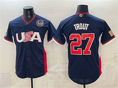 USA Baseball #27 Mike Trout Navy 2026 World Baseball Classic United States 250th Anniversary Patch Road Stadium Stitched Baseball Jersey - Main View