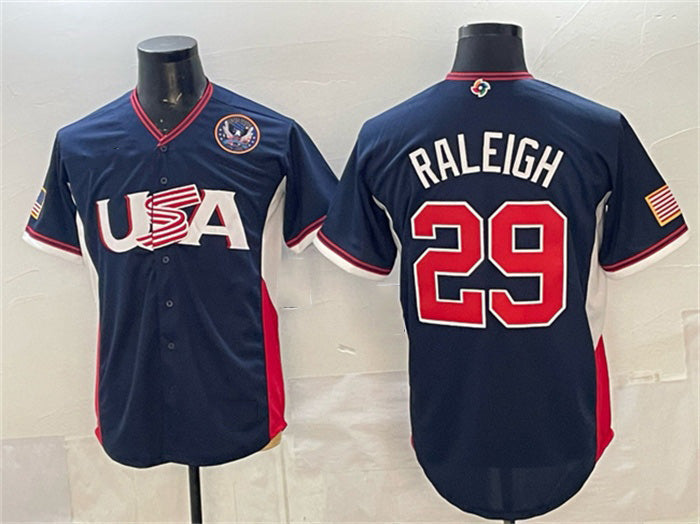 USA Baseball #29 Cal Raleigh Navy 2026 World Baseball Classic United States 250th Anniversary Patch Road Stadium Stitched Baseball Jersey - Main View