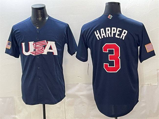 USA Baseball #3 Bryce Harper Navy World Baseball Classic Stitched Baseball Jersey - Main View