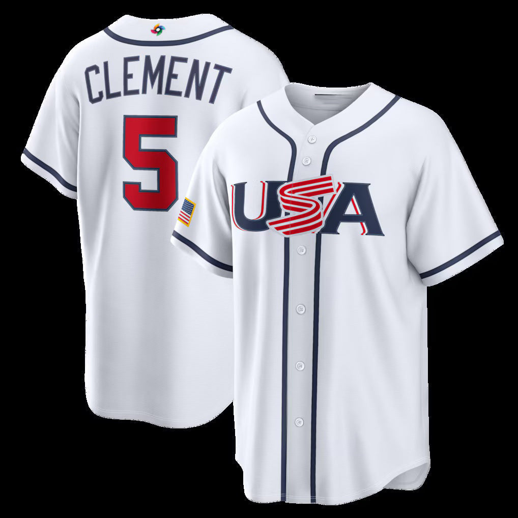 USA Baseball #5 Ernie Clement 2026 World Baseball Classic Home Stadium Jersey - White Baseball Jersey Tailgate Goods - Main View