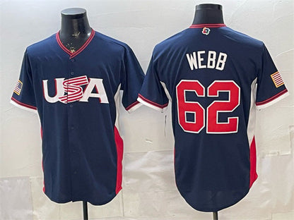 USA Baseball #62 Logan Webb Navy 2026 World Baseball Classic Road Stadium Stitched Baseball Jersey - Main View