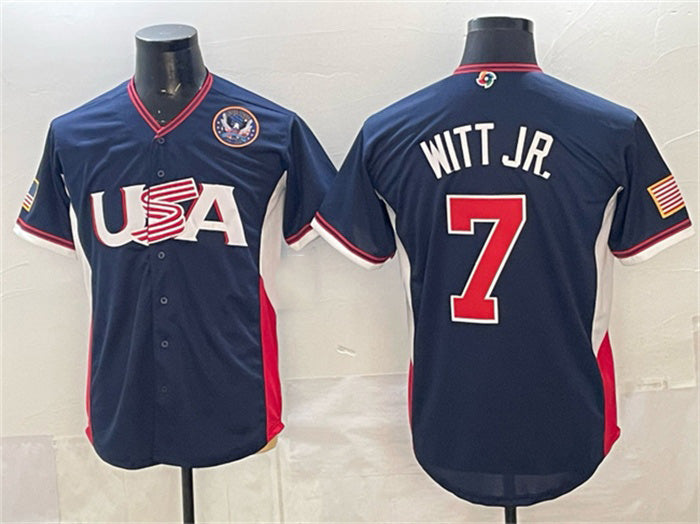 USA Baseball #7 Bobby Witt Jr. Navy 2026 World Baseball Classic United States 250th Anniversary Patch Road Stadium Stitched Baseball Jersey - Main View
