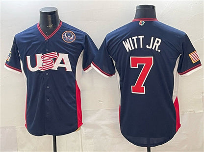 USA Baseball #7 Bobby Witt Jr. Navy 2026 World Baseball Classic United States 250th Anniversary Patch Road Stadium Stitched Baseball Jersey - Main View
