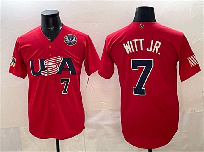 USA Baseball #7 Bobby Witt Jr. Red 2026 World Baseball Classic United States 250th Anniversary Patch Stadium Stitched Baseball Jersey - Main View