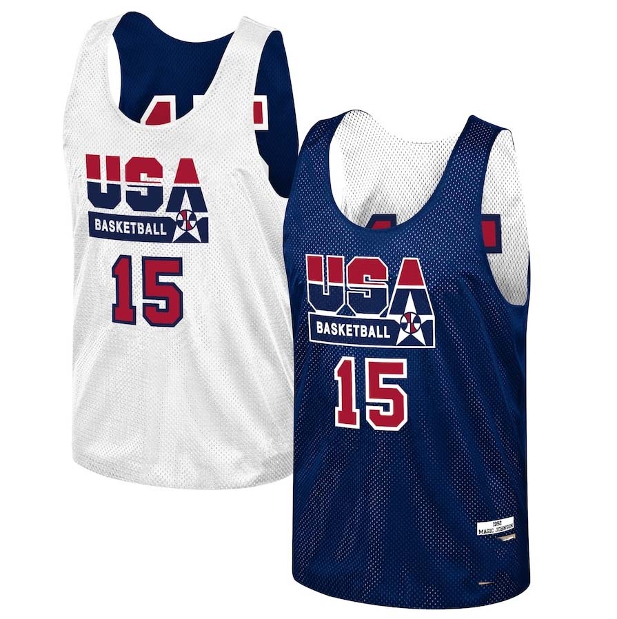 USA Basketball #15 Magic Johnson Mitchell & Ness Training 1992 Dream Team Authentic Reversible Practice Jersey - Navy American Basketball Jersey - Main View
