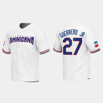 #27 VLADIMIR GUERRERO JR. DOMINICAN REPUBLIC BASEBALL 2023 WORLD BASEBALL CLASSIC REPLICA JERSEY ¨C WHITE Stitches Baseball Jerseys - Main View
