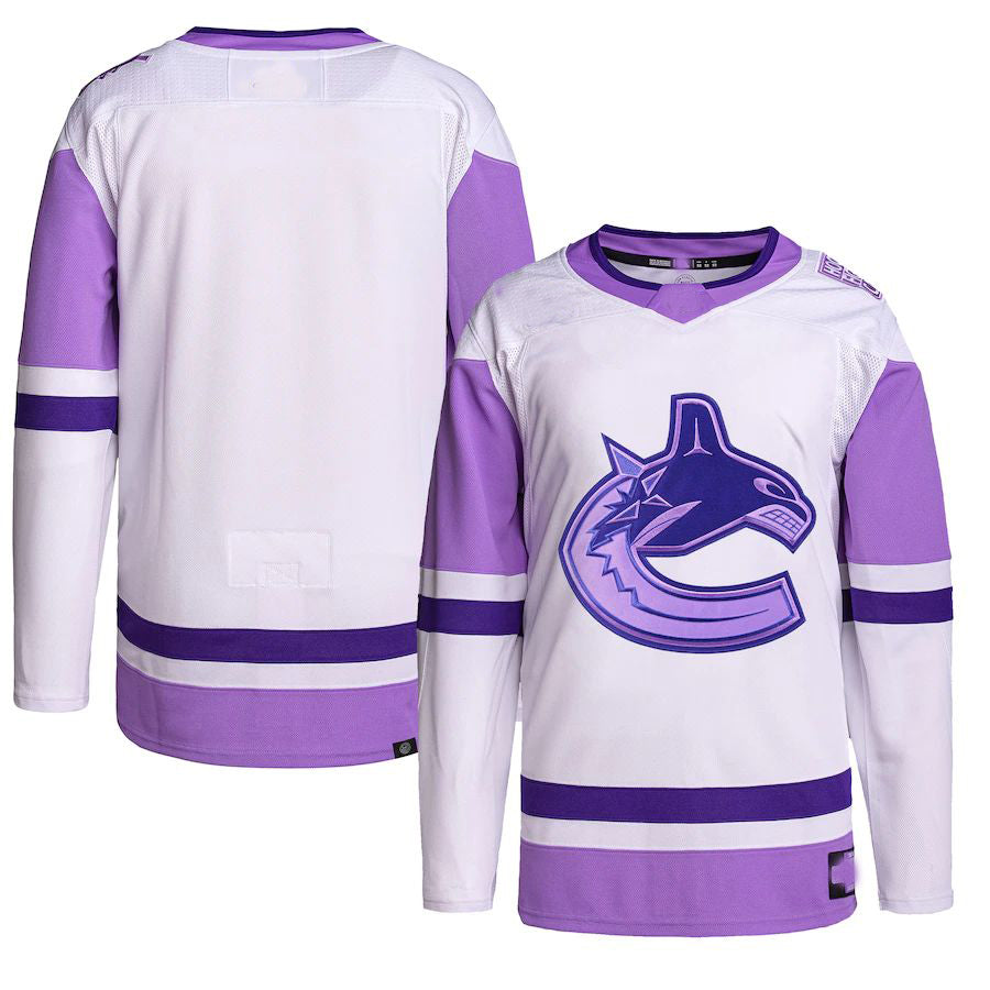 V.Canucks Hockey Fights Cancer Primegreen Authentic Blank Practice Jersey White Purple Stitched American Hockey Jerseys - Main View