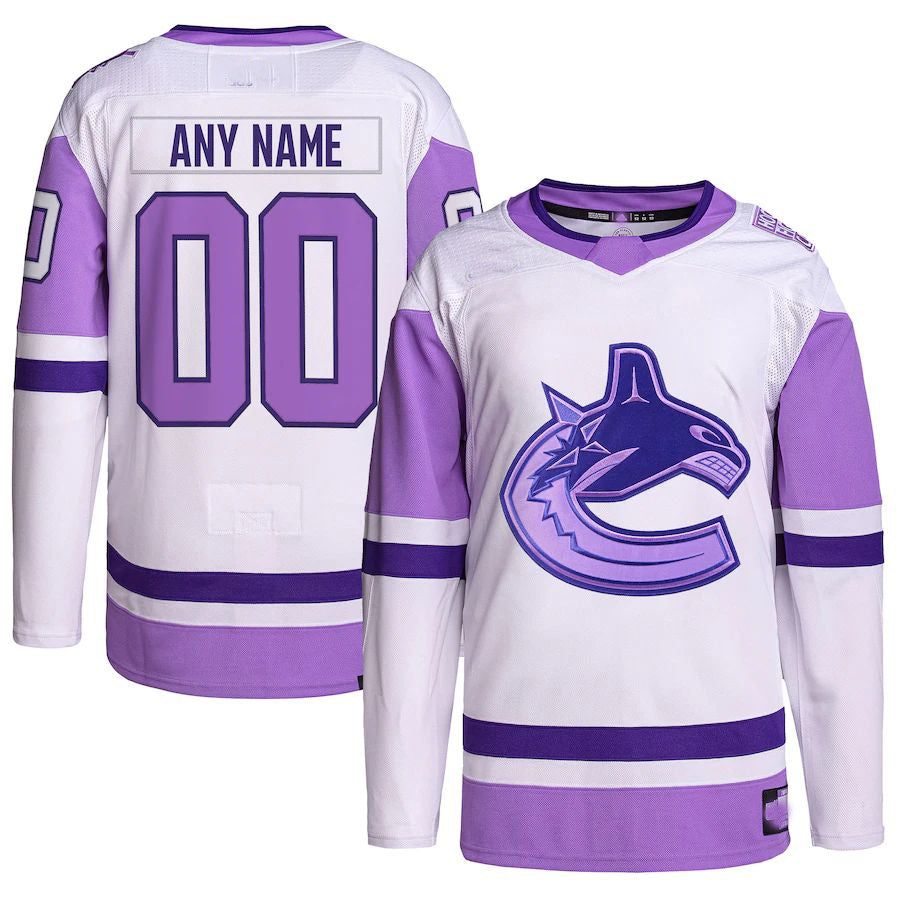 Custom V.Canucks Hockey Fights Cancer Primegreen Authentic Jersey White Purple Stitched American Hockey Jerseys - Main View