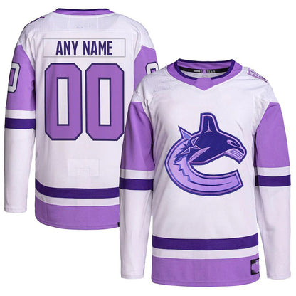 Custom V.Canucks Hockey Fights Cancer Primegreen Authentic Jersey White Purple Stitched American Hockey Jerseys - Main View