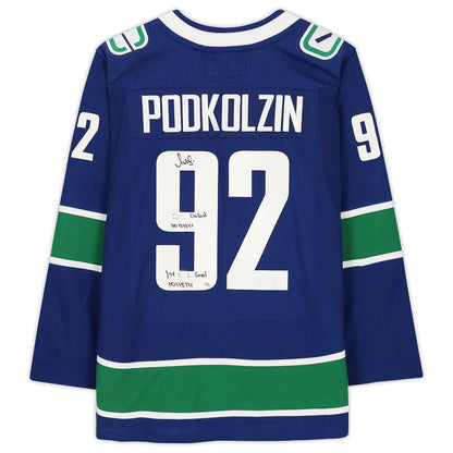 V.Canucks #92 Vasily Podkolzin Fanatics Authentic Autographed Jersey with Multiple Inscriptions Limited Edition of 21 Blue Stitched American Hockey Jerseys - Main View